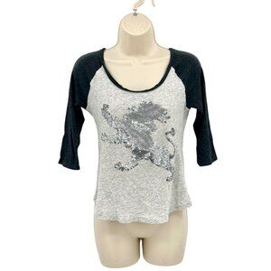 Express Womens Silver Sequin Lion Tee Size Small T-Shirt Baseball Sleeves Grey